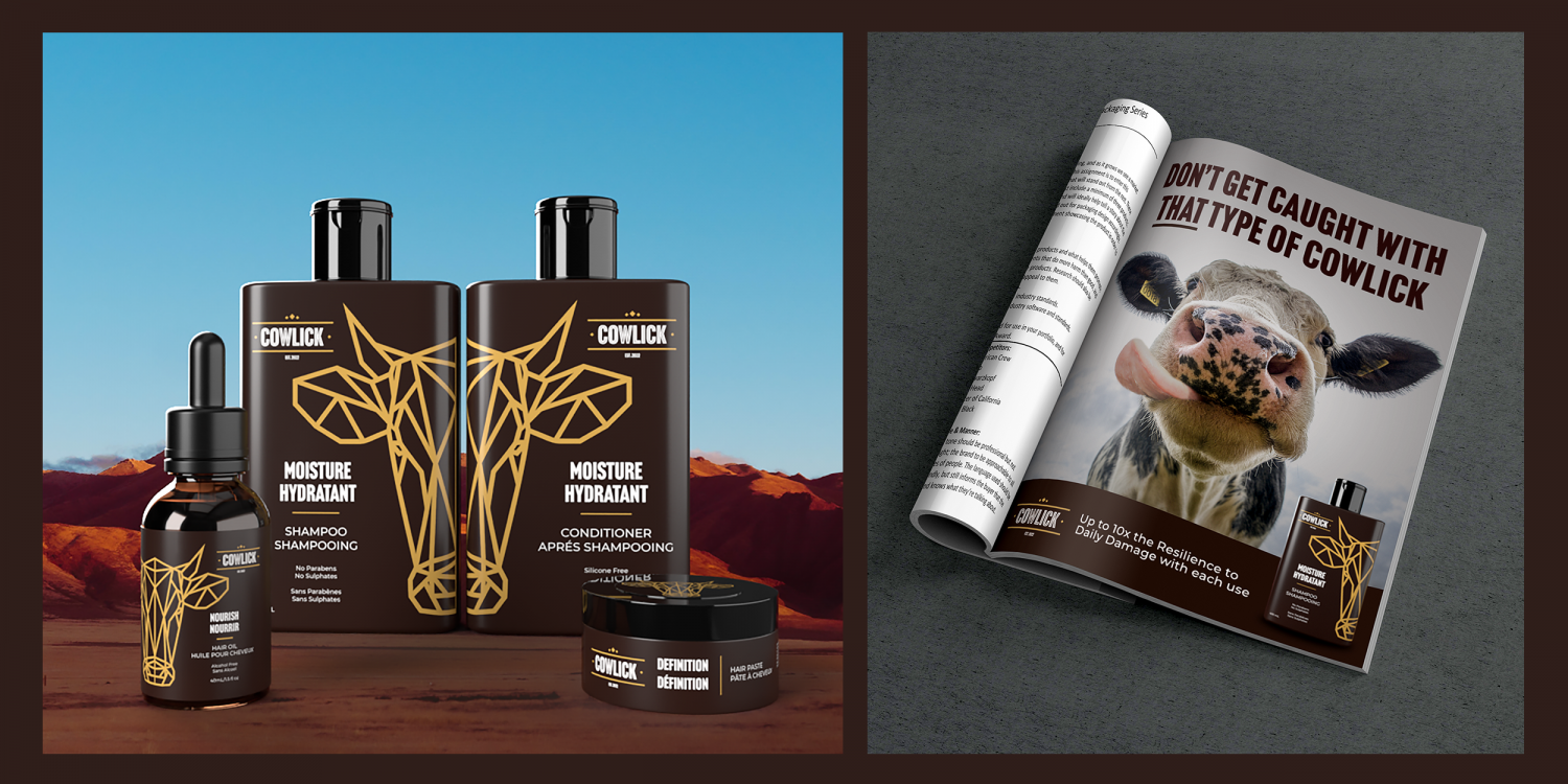 A collaged image of Cowlick branded assets, including shampoo, conditioner, hair oil bottles, and a magazine advertisement featuring a cow with its tongue out.