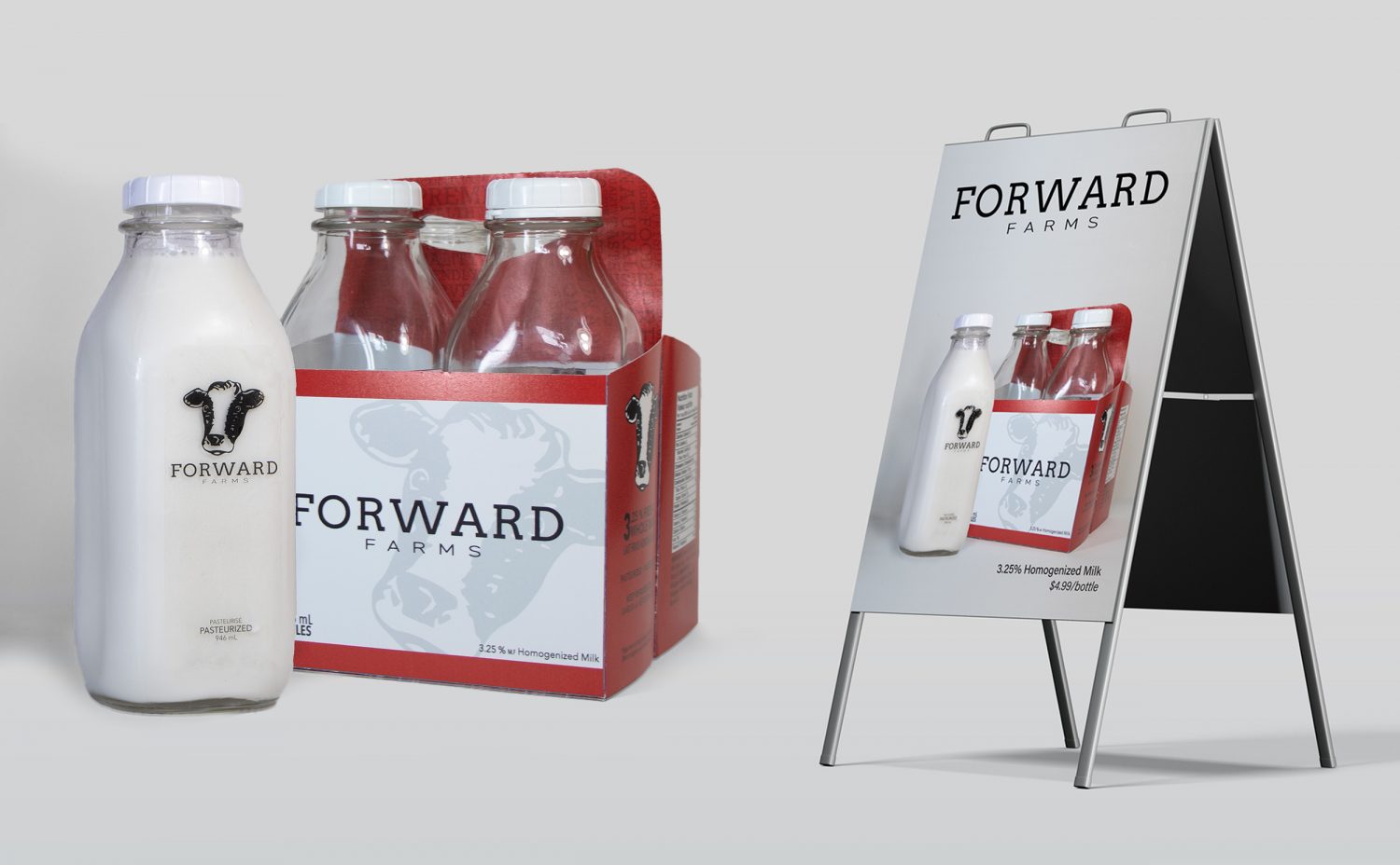 An image of the glass milk bottle, carrying box, and a-frame advertisement for Forward Farm’s in-house milk brand.