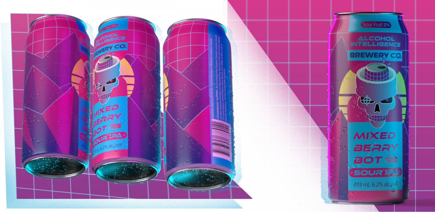 A beer can is shown from four different angles. The label says, "Alcohol Intelligence Brewery Co. Mixed Berry Bot, Sour IPA."