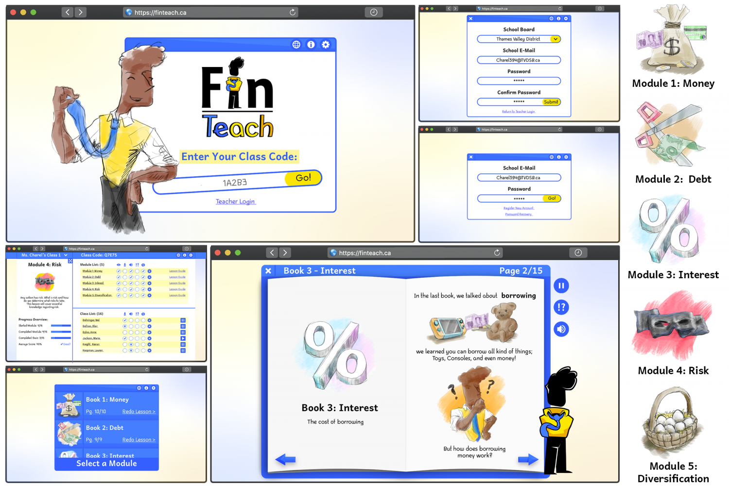 Website pages of a financial teaching website aimed at kids.