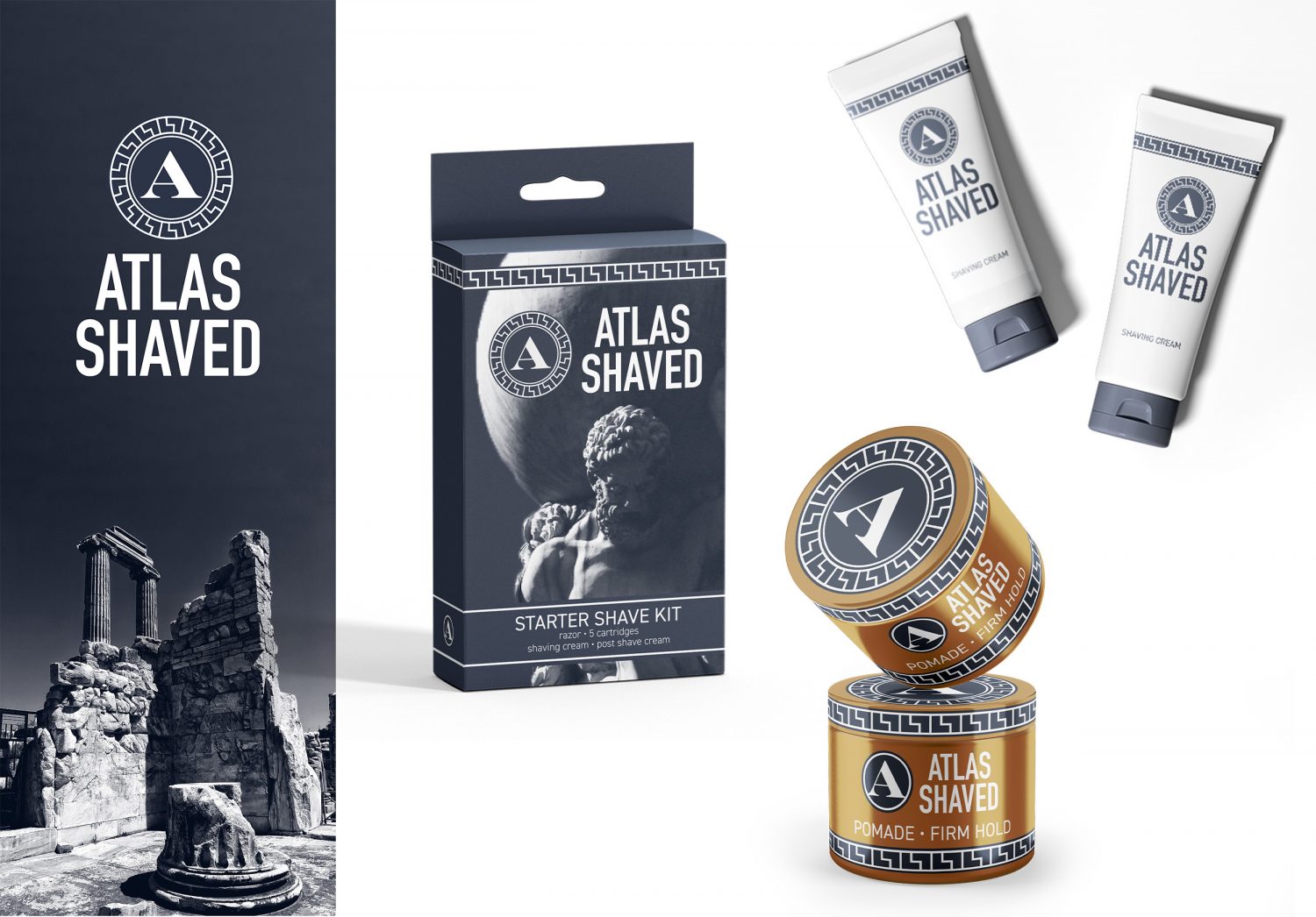 An image presenting the branding of the “Atlas Shaved” mens grooming brand featuring a banner design, a starter shave kit package, a pomade container, and two shaving cream bottles.