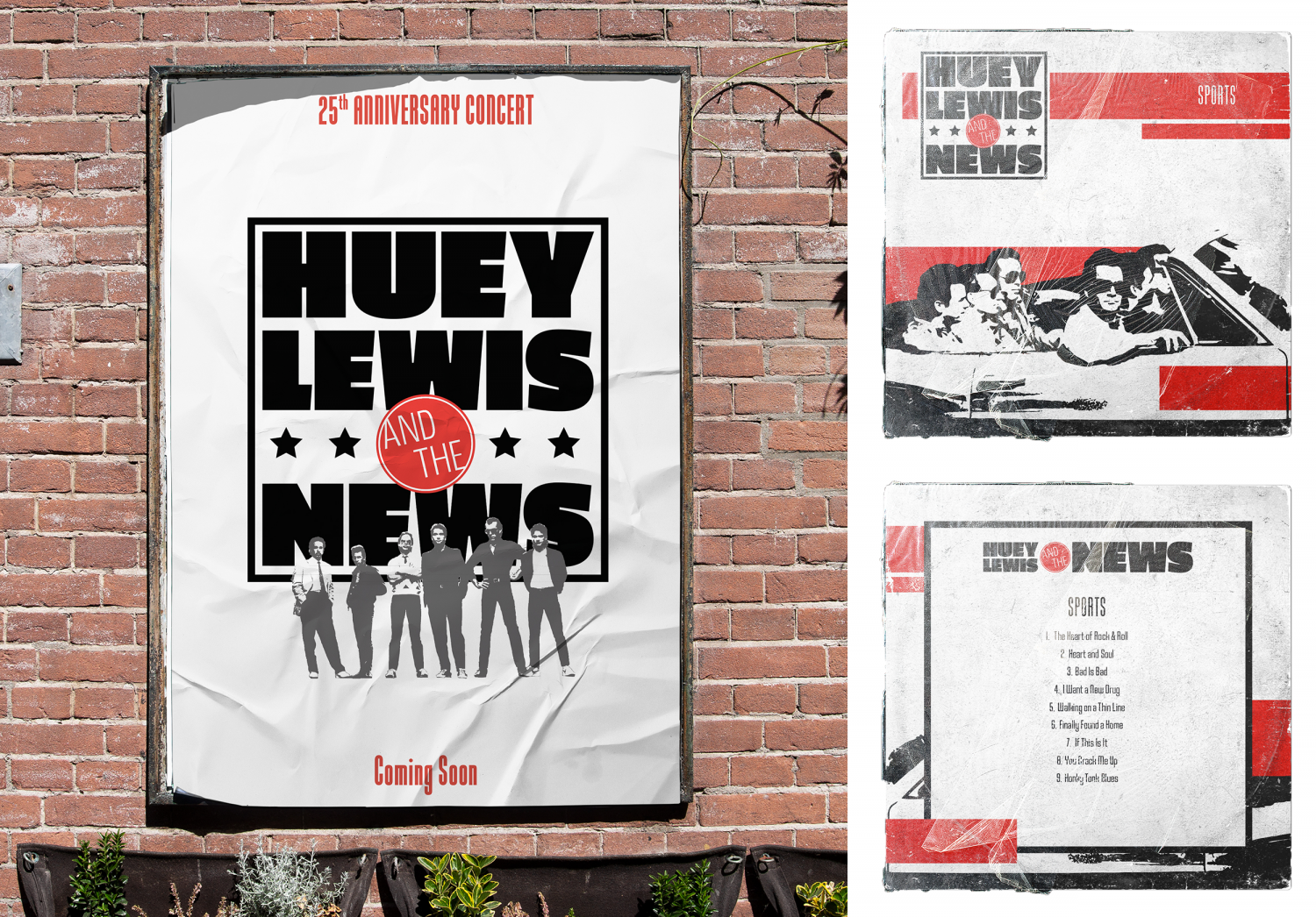 An image of rebranded Huey Lewis and the News collateral that includes a poster mockup and a record sleeve design (front and back).