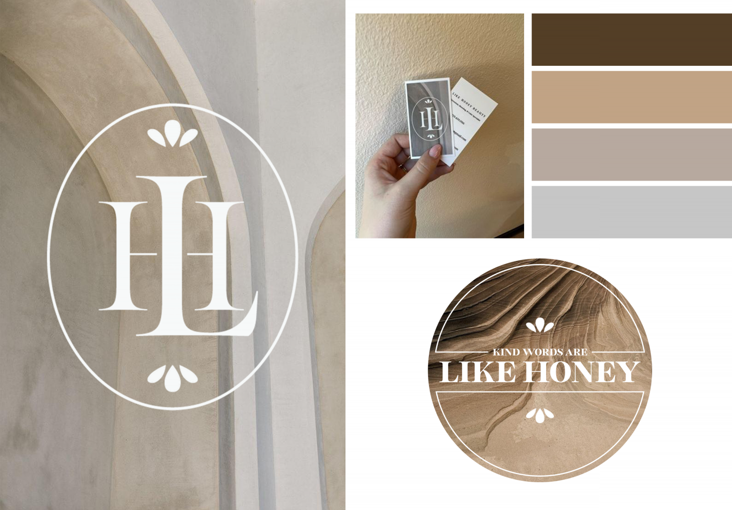 An image of the branding for the small salon brand, “Like Honey Beauty” that includes two versions of the logo, branded business cards, and colour swatches.