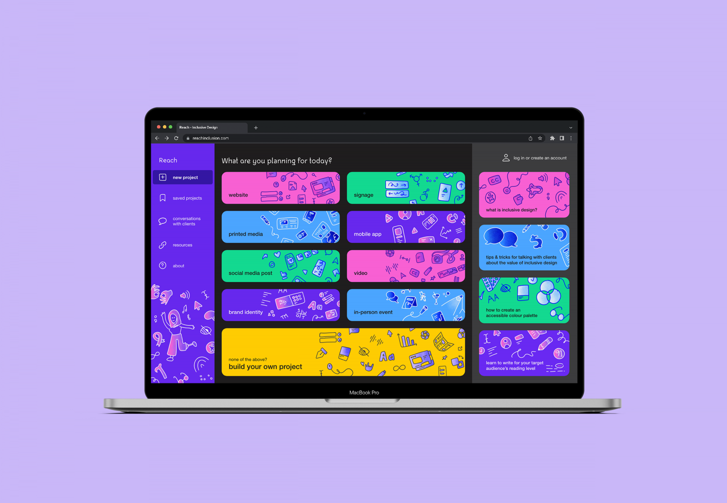 Reach’s new project page is shown on a MacBook. It’s vibrantly coloured with illustrations accompanying each project type available. There are both presets and an option to create a custom project.