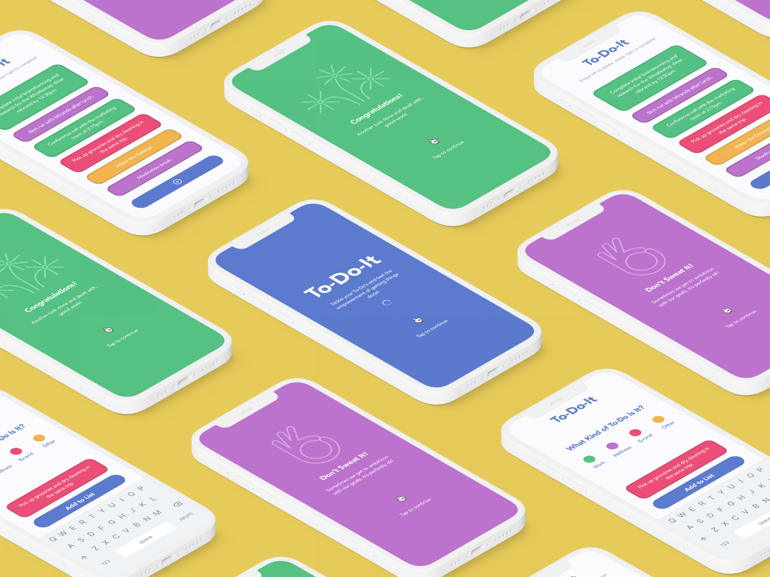 To-Do-It smartphone application. Cool colour usage, simple illustrative style, colour coded list items. Mockup orientation displaying the various application pages.