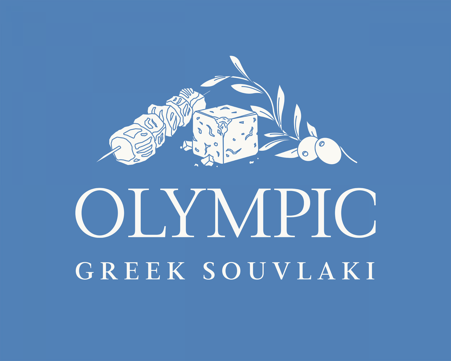 Olympic Greek Souvlaki brand identity. Off-white serif type on a soft blue background. Food illustration composition makes up the logo icon. Icon consists of typical Greek ingredients and souvlaki specific ingredients. A kebab, block of feta, and olives.