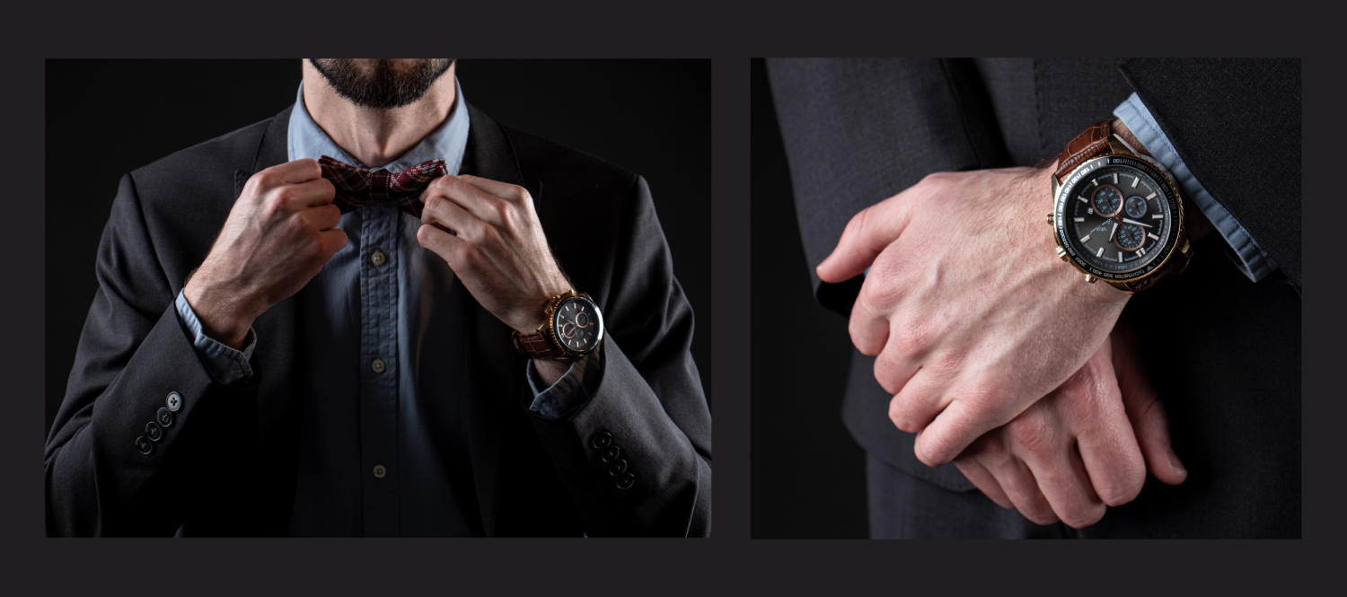 Two product photography images of a man wearing a fancy watch, a bow tie, and a dark grey suit. Images are dark and moody and include a more detailed shot, and a shot that is further away with man adjusting bow tie.