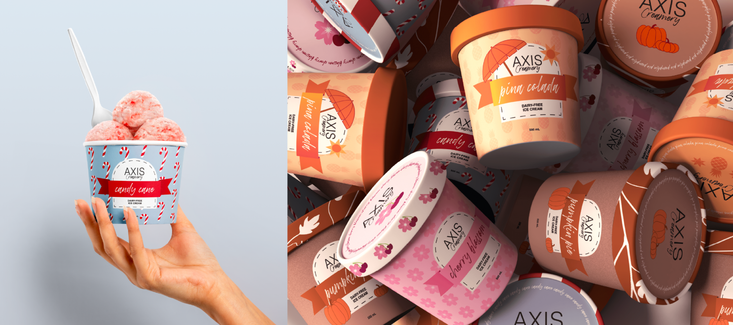 Two images focused on the 500mL Axis Creamery ice cream tubs which includes a flavour for each season. The first image includes an individual holding up one tub to show off the candy cane flavour. The second image includes all of the tubs of flavours piled on top of each other. Flavours include: Pina Colada, Pumpkin Pie, Candy Cane & Cherry Blossom.