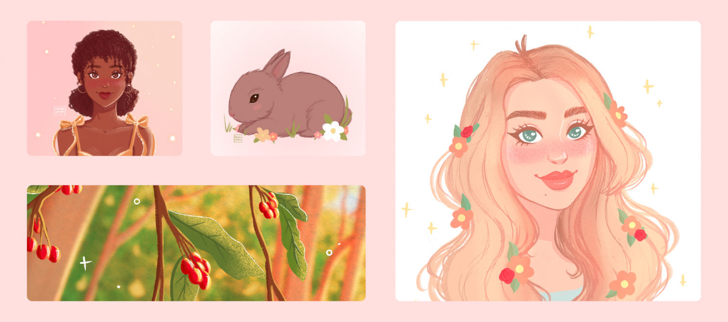 Four soft illustrations including two female portraits, a bunny rabbit sitting on flowers, and an illustration of a forest with a close up of a branch with red berries. Image colours include a lot of pink, pastels, and illustrative sparkles.