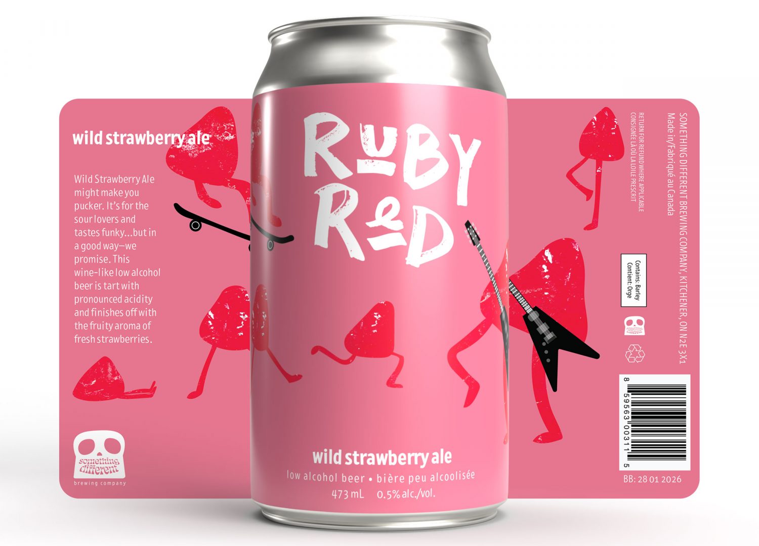 A detailed shot of a low alcohol beer called Ruby Red being displayed with a flat label behind an aluminum can.