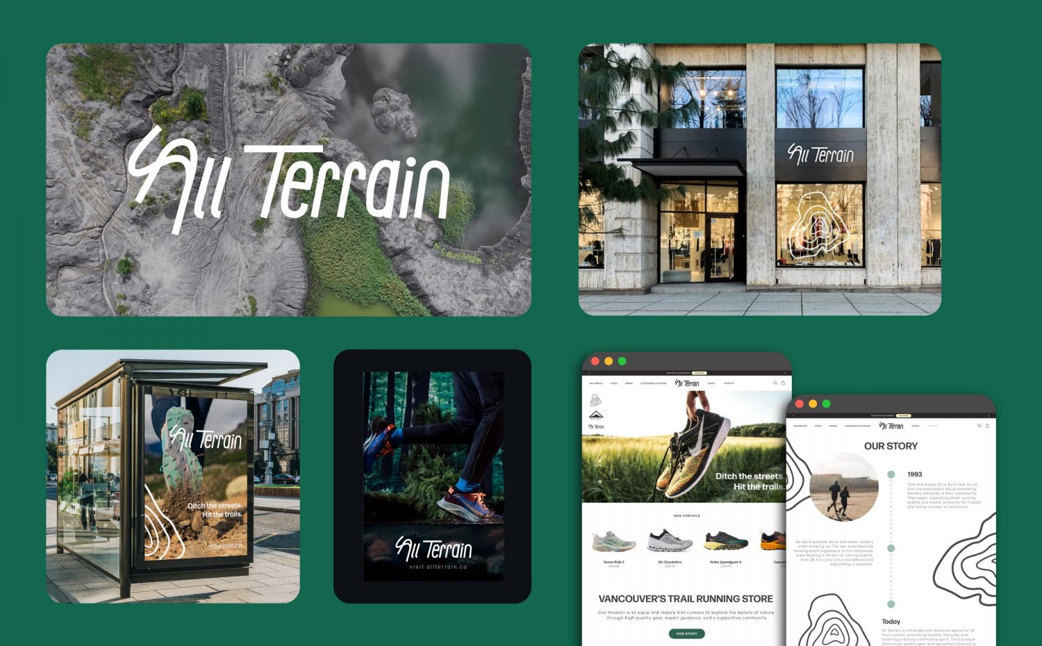 A flat lay of various examples of branding for a trail running boutique called All Terrain. Examples include logos, a storefront mockup, bus shelter signage, and a website mockup.