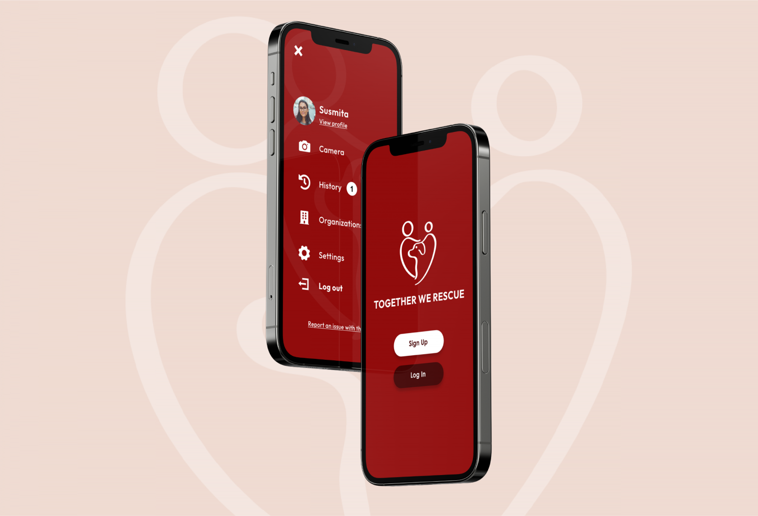 Mockup of two phone screens displaying the application known as ‘Together We Rescue’. The phone screen on the left features the menu of the app. The phone screen on the right features the app’s logo with a sign up and log in option.