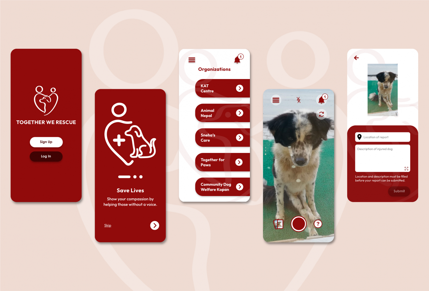 Mockup of five phone screens showcasing the different pages of the application known as ‘Together We Rescue’.