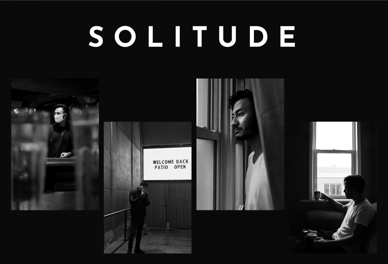 Five different black-and-white photos of a man with the title, solitude, at the top.