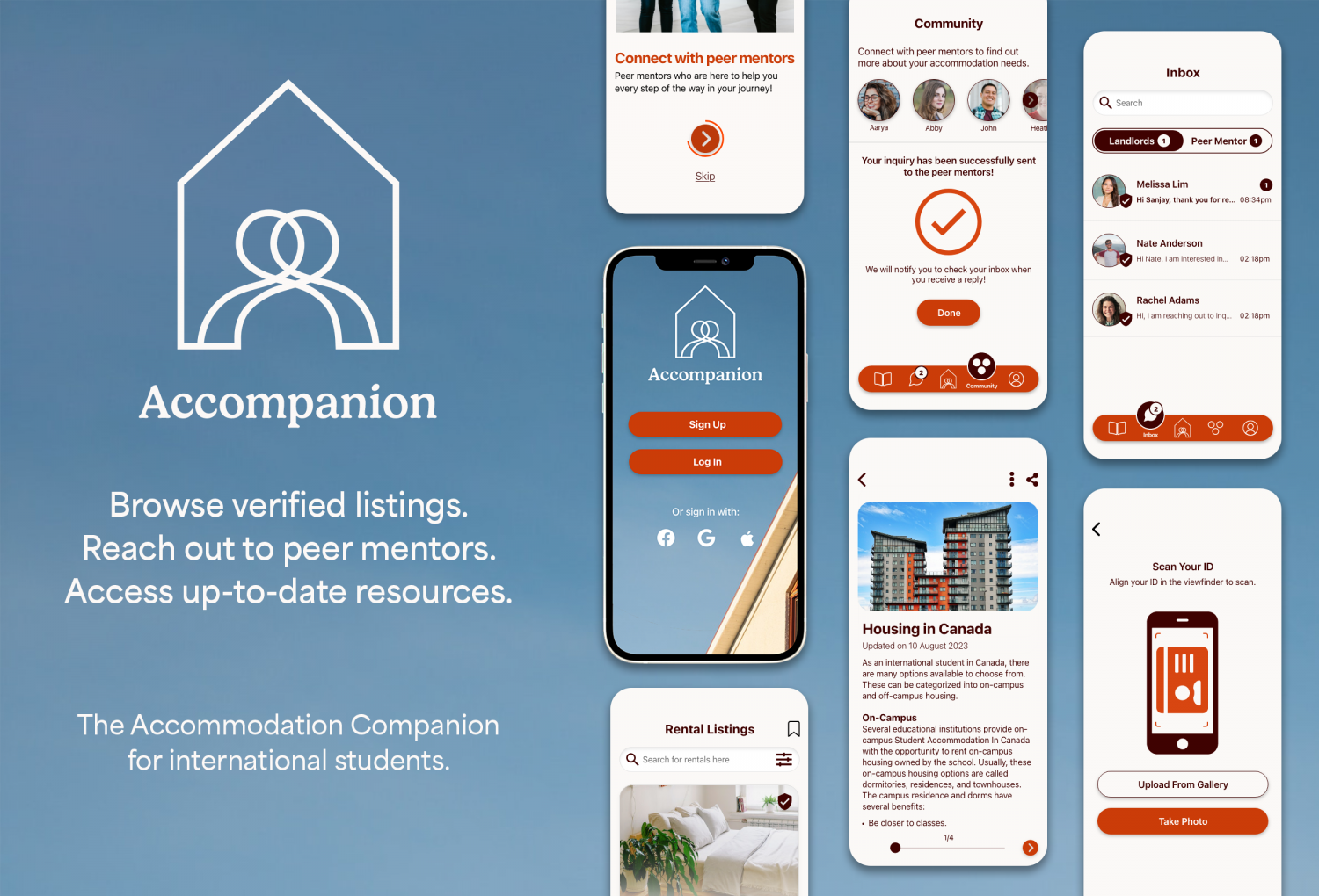 Mockup of an advertisement promoting the app, Accompanion. Accompanion is a helpful resource for international students in Canada who are struggling with accommodation issues. The ad features a few screens of the app, displaying the different types of assistance that users can get, along with a list of verified rental listings to browse from.