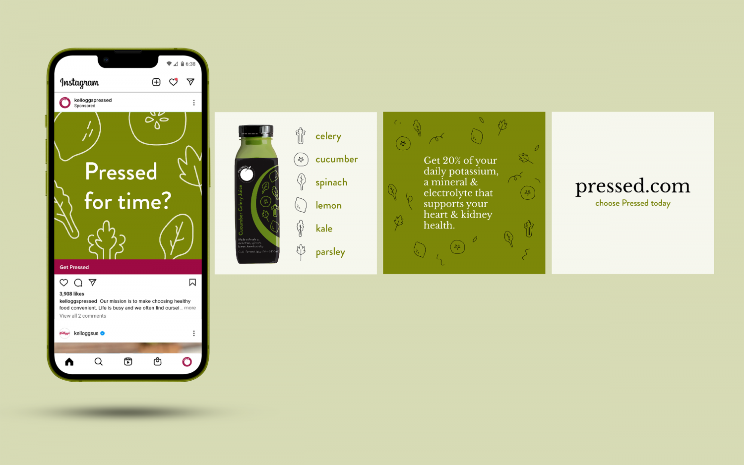 An Instagram carousel ad for pressed juice illustrating the ingredients and benefits of Pressed’s cucumber celery juice.