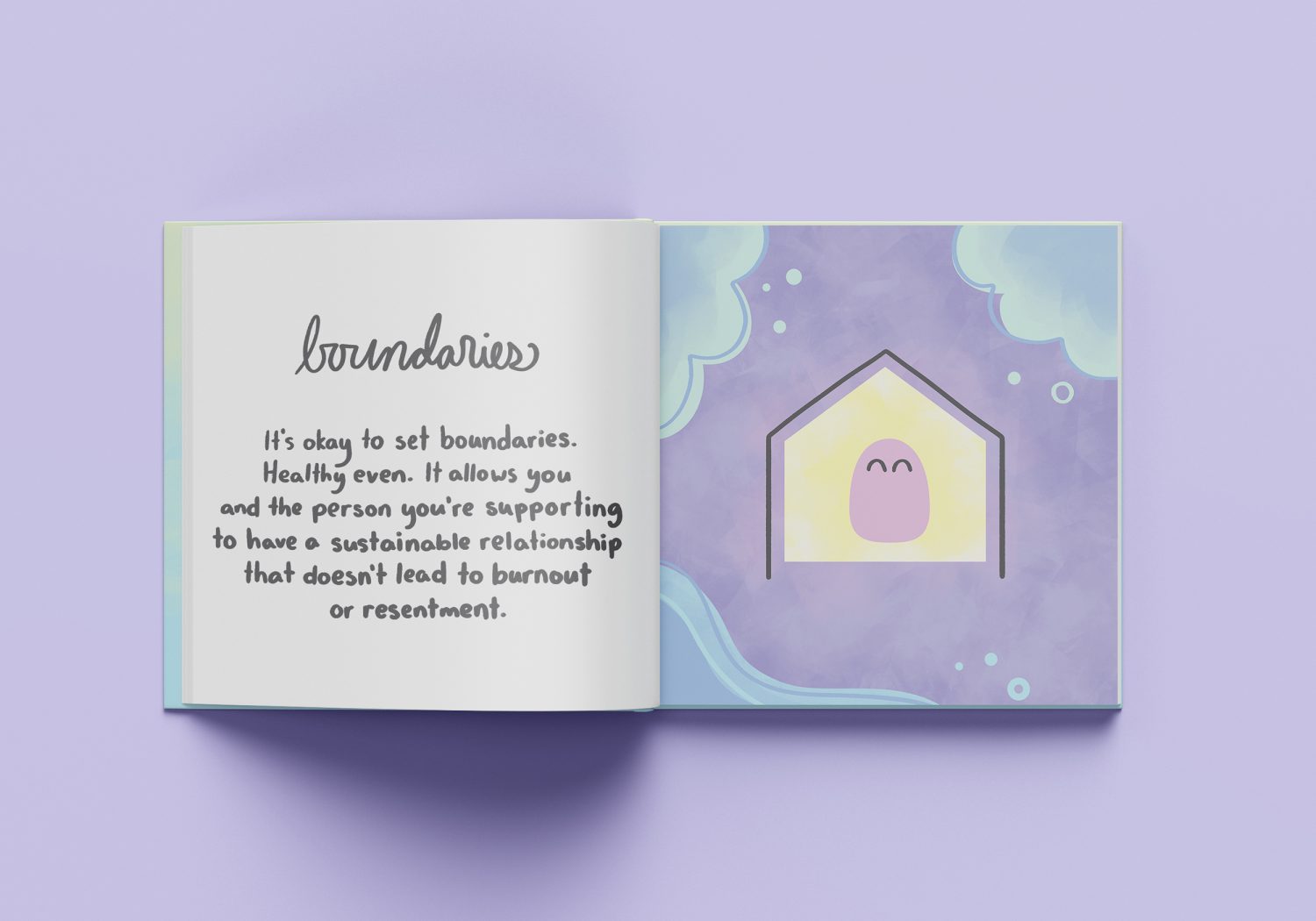 A book spread explaining the benefits of setting boundaries. A cartoonish purple character sits serenely in a tent surrounded by nature.