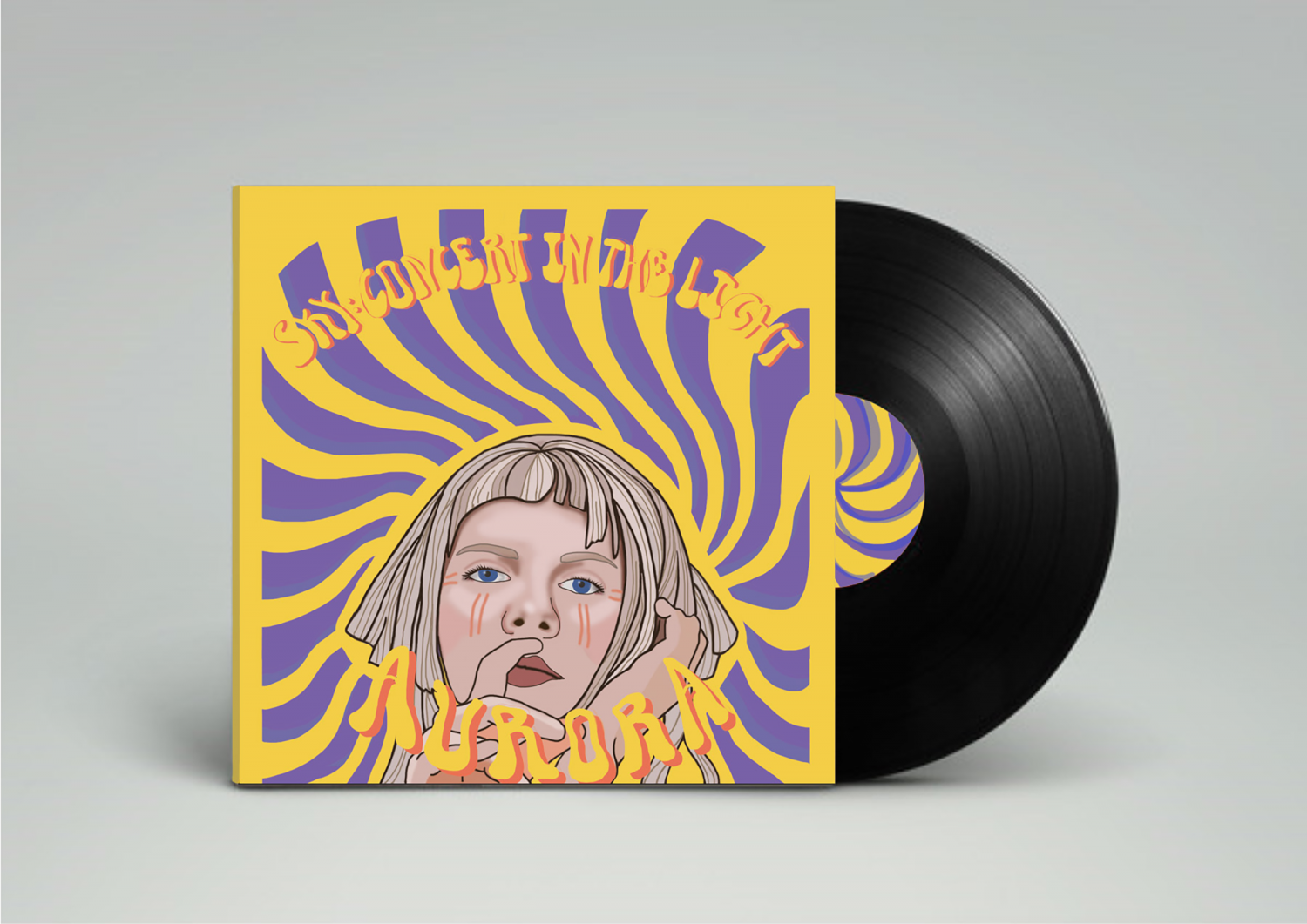 A close up of the postmodern album cover on a mockup. The complimentary colour palette of yellow and purple in a swirly pattern and distorted typography is used to create a jarring effect reminiscent of the psychedelic posters of the 1960s.