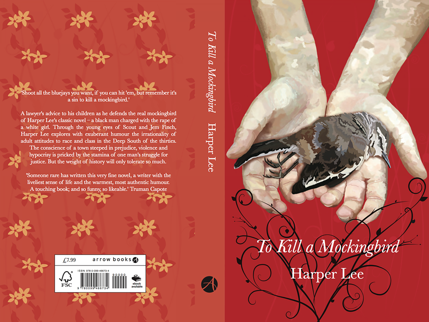 A Book cover redesign for “To kill a Mockingbird” by Harper Lee. The illustration on the cover created in Photoshop depicting a mockingbird being held in the hands of the main character. The repetitive pattern created in illustrator.