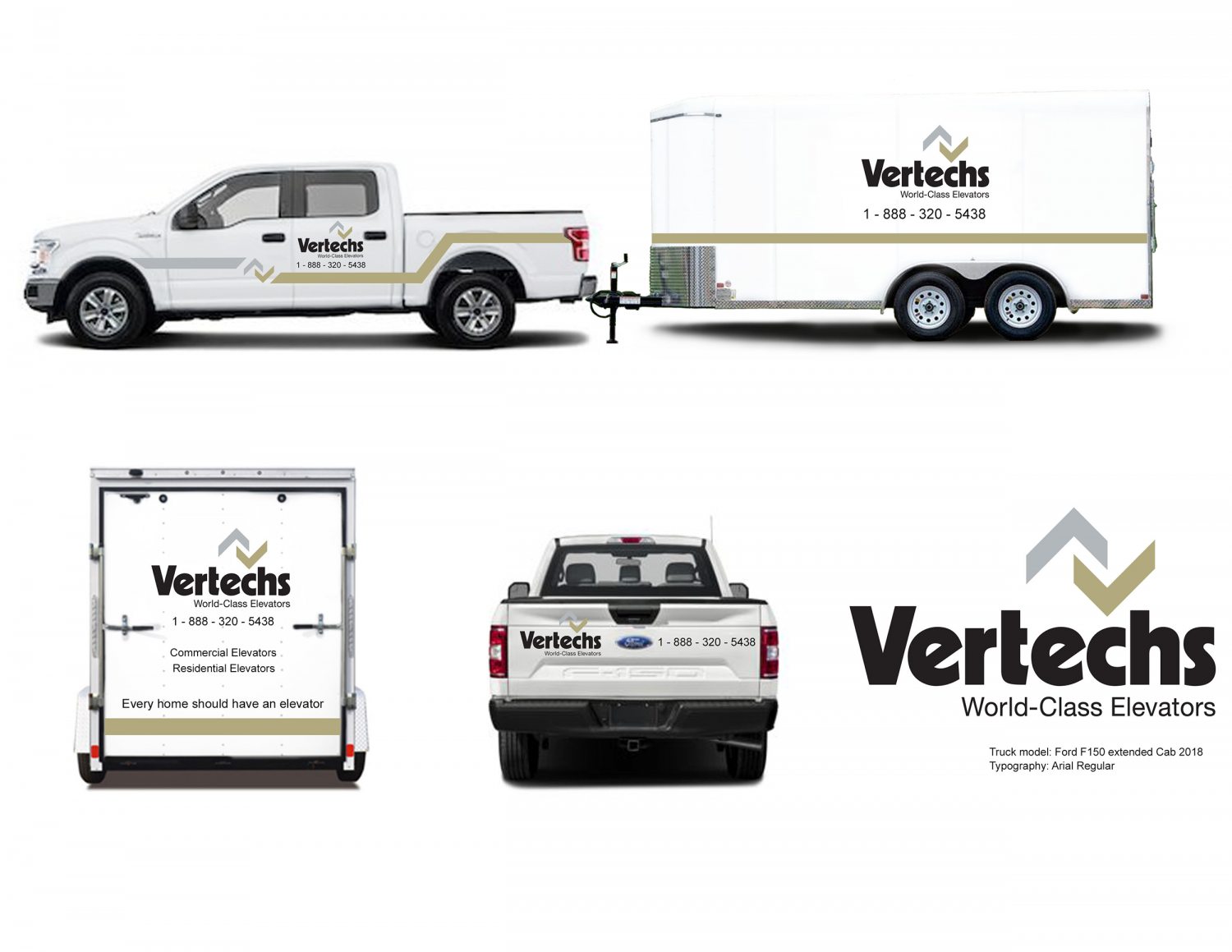 A truck and trailer decal for the elevator installment company Vertechs. The design is based on the company logo and uses the brand colours to wrap around the truck and trailer.