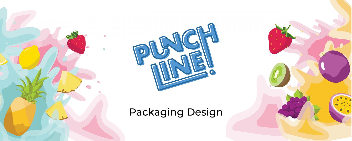 A dynamic explosion of illustrative fruits and juice surrounds the blue Punch Line logo. This is a packaging design project.