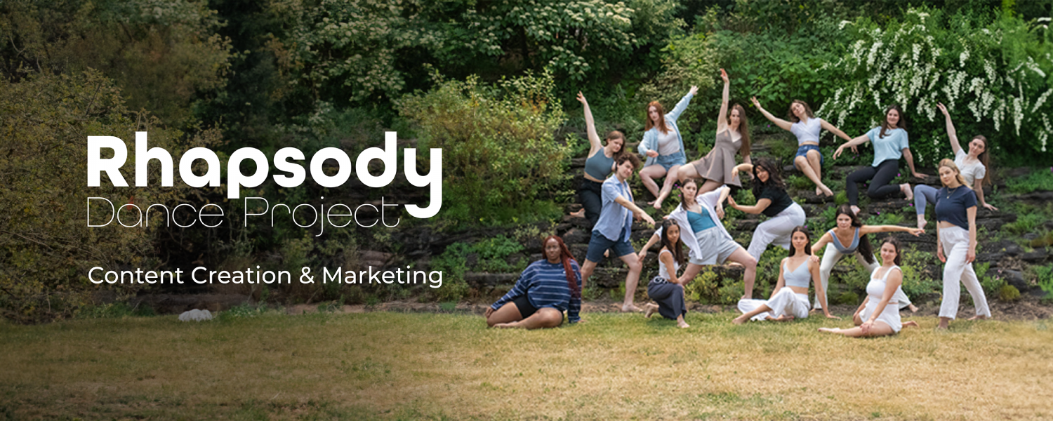 A photo of Rhapsody Dance Project posing as a group in front of greenery. The logo is on the left. This is a content creation & marketing project.