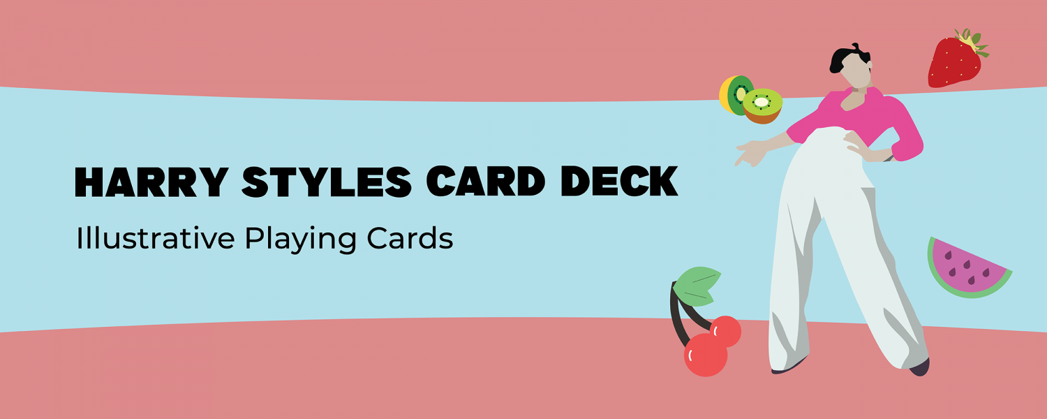 Stylized illustration of Harry Styles with an illustrated strawberry, kiwi, cherry and watermelon surrounding him on his fine-line album background, This is an illustrative playing card deck.