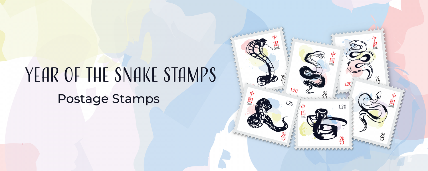 Six postage stamps illustrated with a different snake on each for the Chinese zodiac year of the snake in 2025. Each snake is in a different position with watercolour splashed behind them. This is an illustration project.