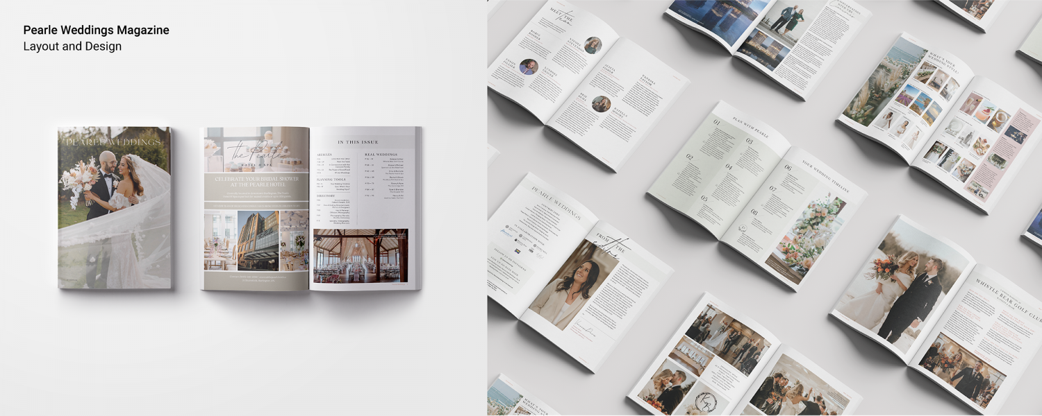 The imagery includes multiple open spreads of the Pearle Weddings Magazine. Each spread is different and scattered within an angled grid on a grey background. The cover and first spread of the magazine are shown on the left-hand side.