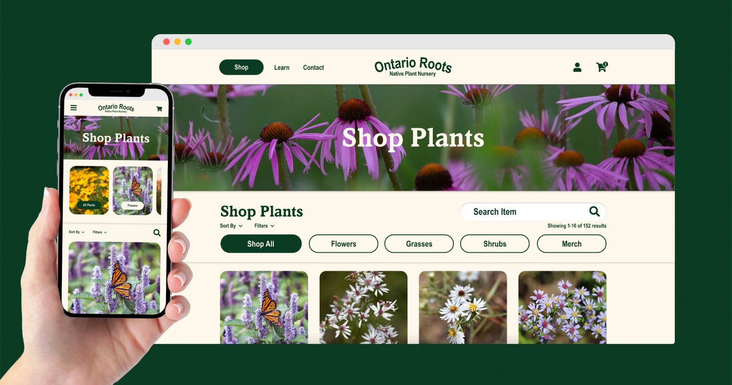 Ontario Roots, a native plant nursery’s e-commerce site mockup up as desktop and mobile.