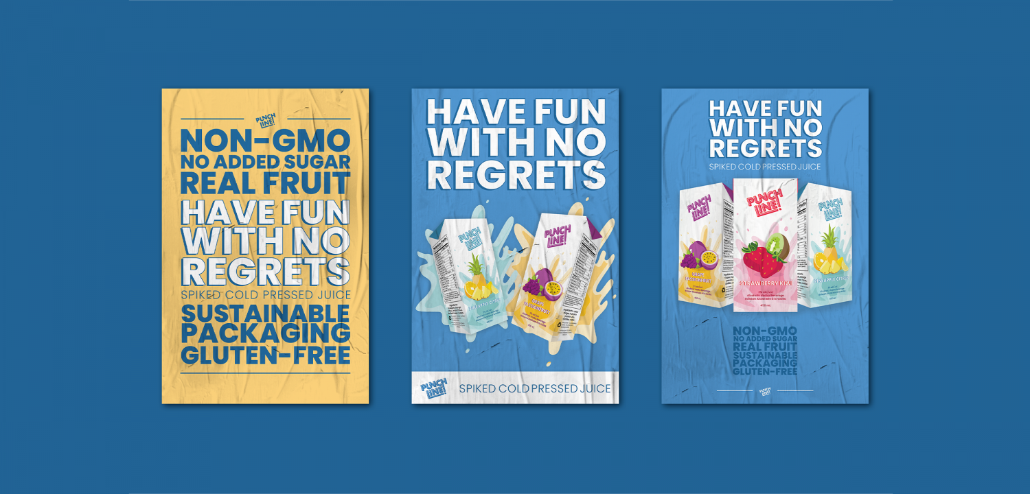 Three posters for non-GMO spiked cold-pressed jukeboxes