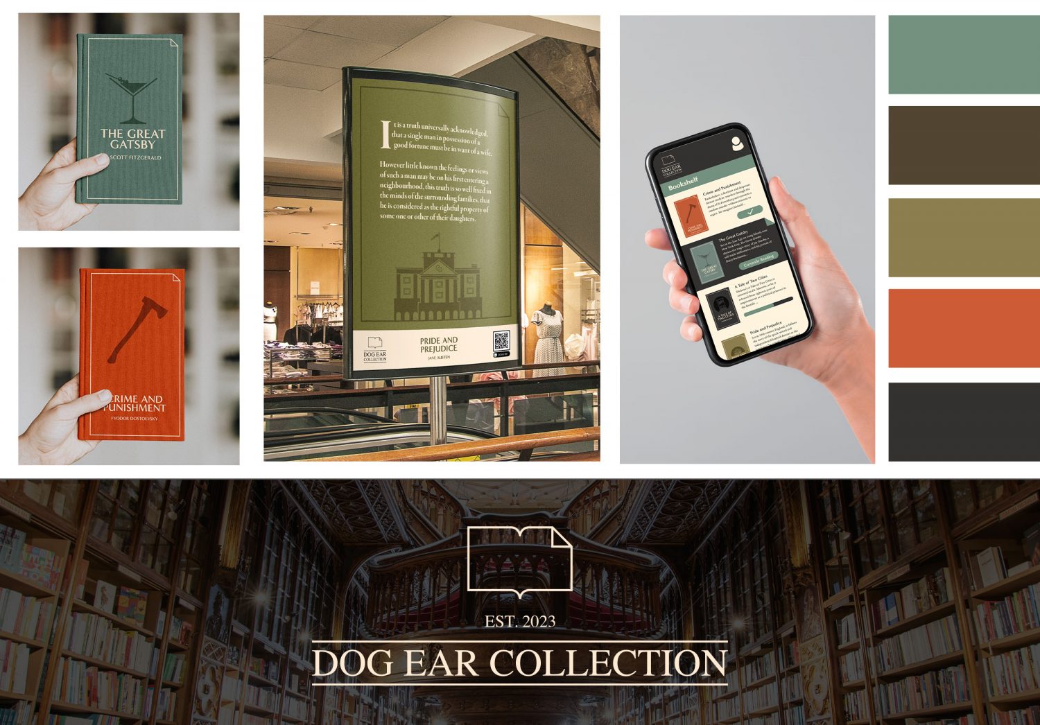 An image of the branding system for the fictional “Dog Ear Collection” that encompasses classic Western literature, an app for students/teachers, and promotional posters.