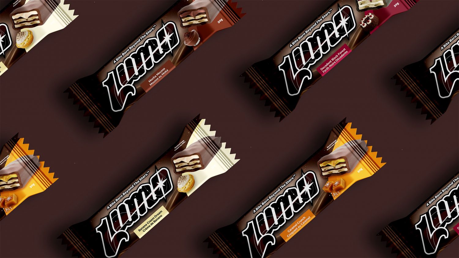 Lumo dark chocolate bars arranged diagonally on a deep brown background. Each bar features bold white branding with the tagline 'A Bite Born Beyond the Stars™' and showcases different dessert-inspired flavors like Caramel Crunch, Banana Cream Dream, Mocha Mousse, and Decadent Black Forest.