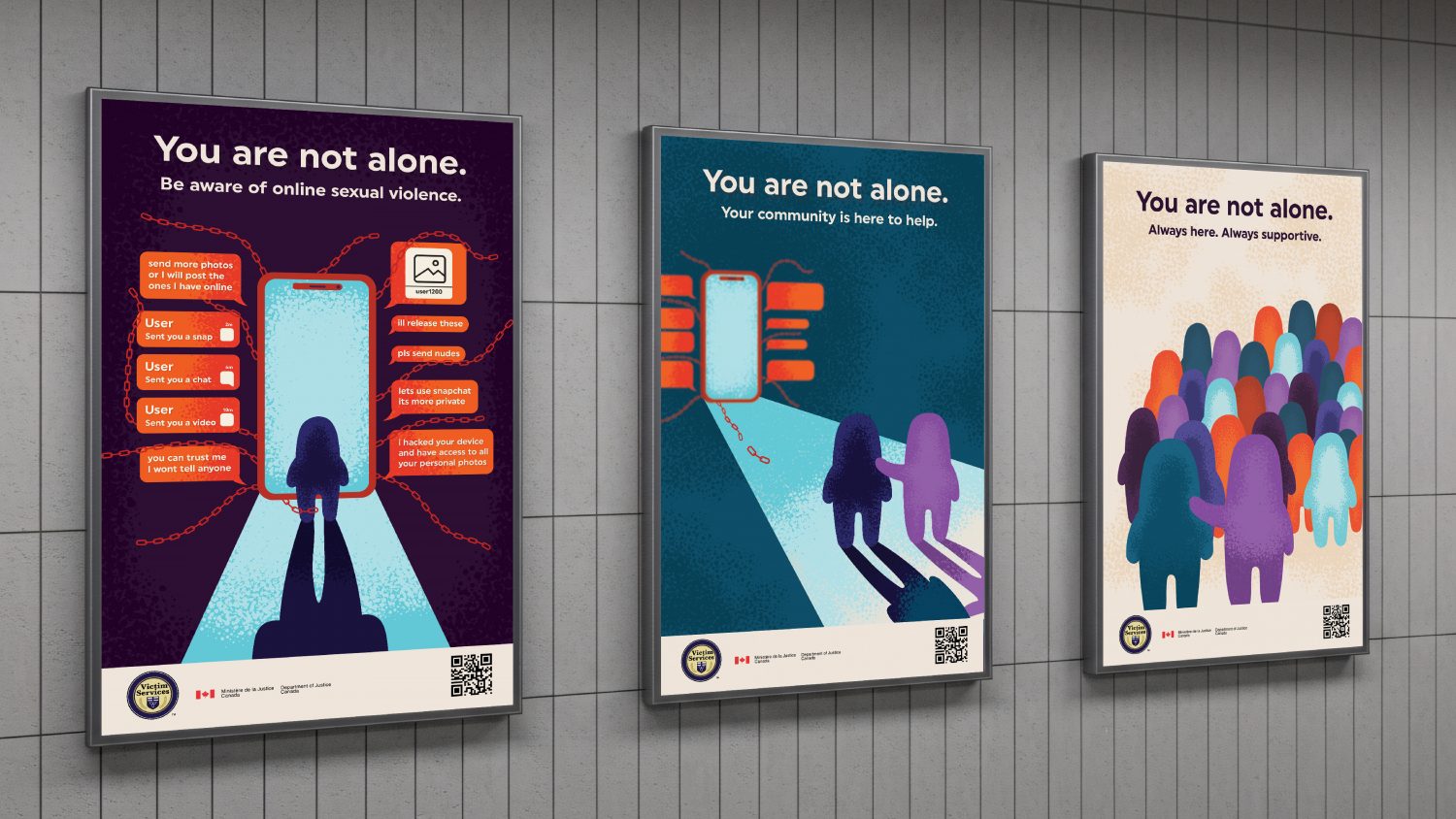 You are not alone posters series. Person navigating difficult situations, finding help, then finding a supporting community. Posters illustrated in flat illustration style.