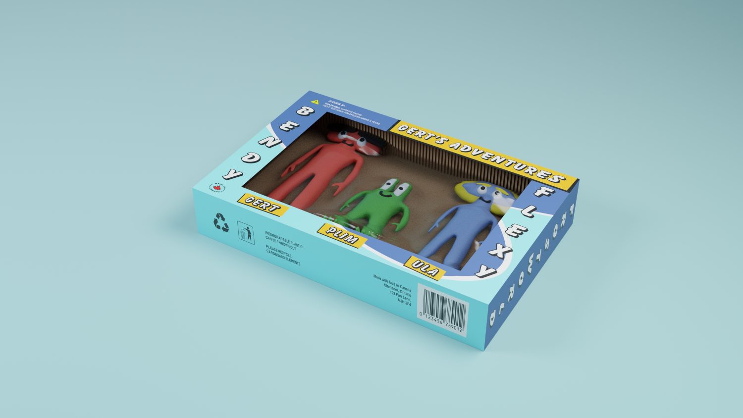 Toy packaging with 3 characters.