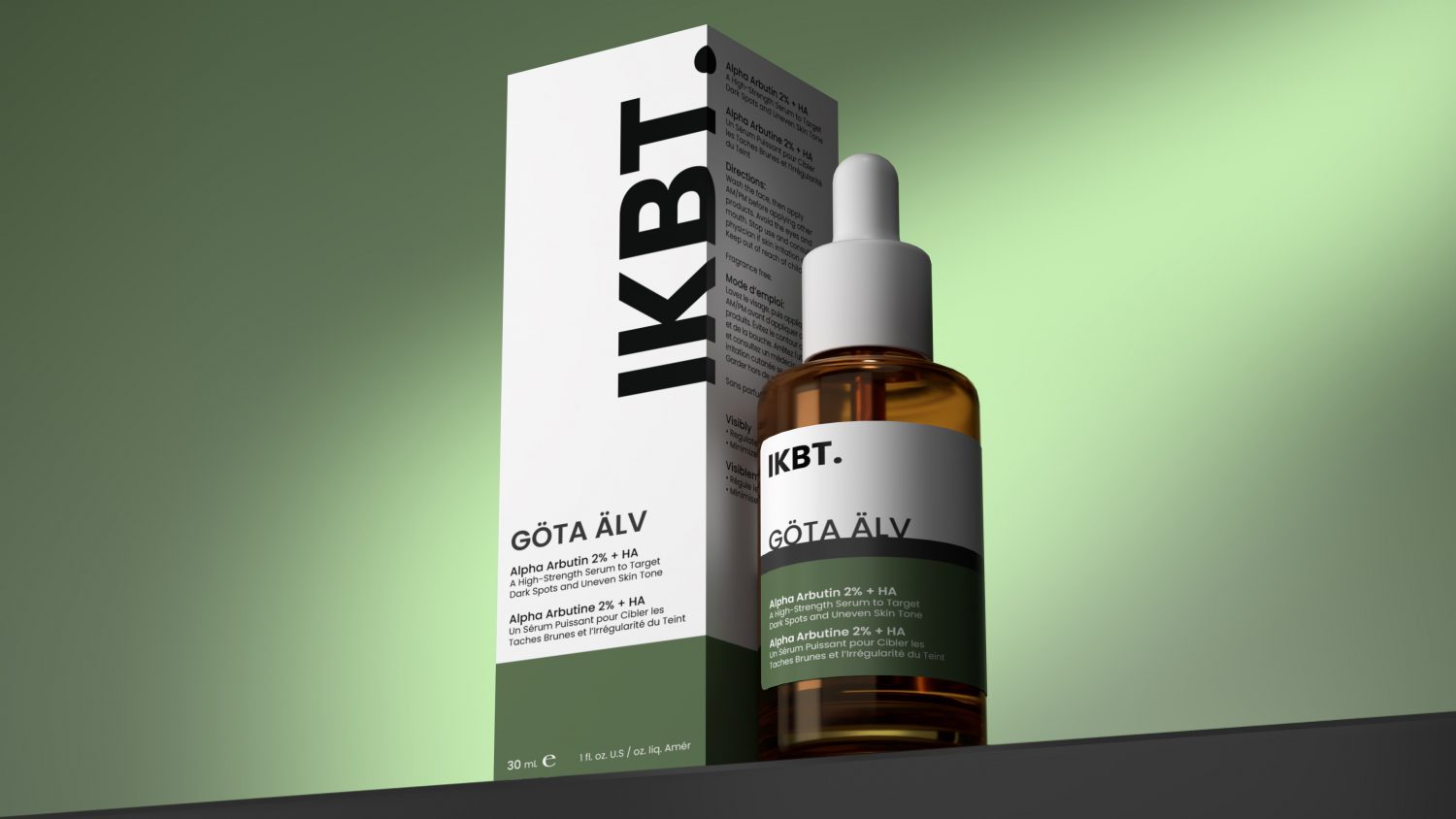 IKBT Arpha Arbutin packaging, targets dark spots. Packaging is 3D designed.