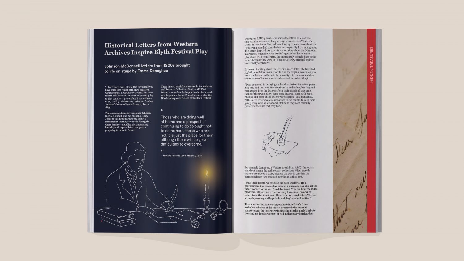 Editorial spread of Wester Libraries report, with historic illustartion.