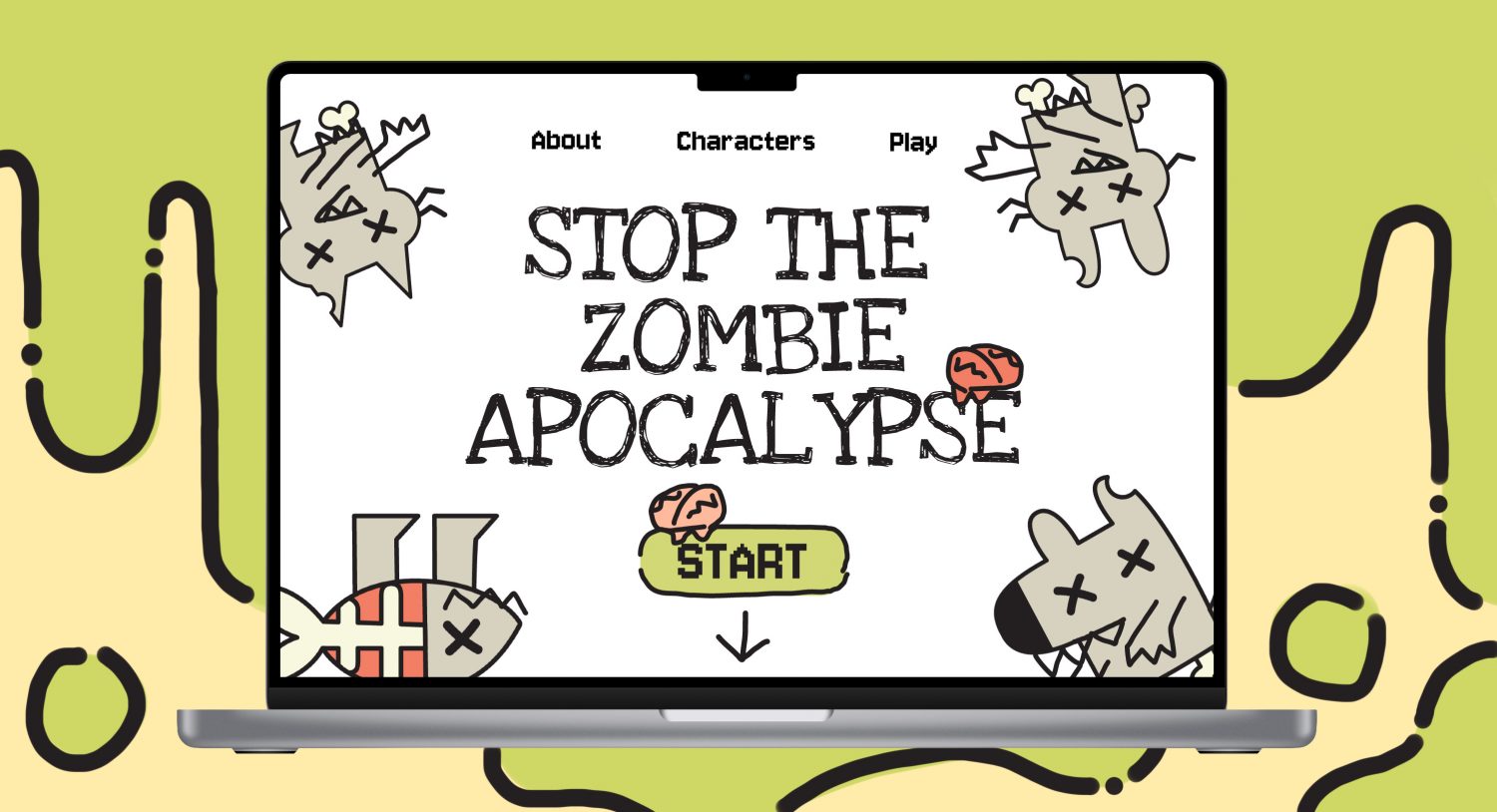 Stop the Zombie Apocalypse. Website game with zombie dogs, cats, and fish.