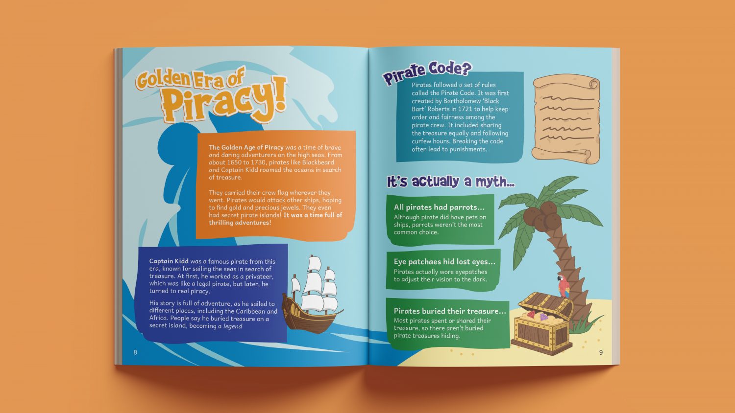 Editorial spread of pirate island scenery illustration and fun facts about Golden Pirate Era.