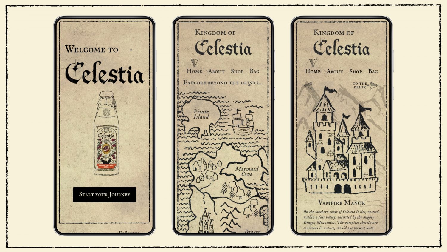 3 screens of website mobile version of Celestia. Uses etching illustration.