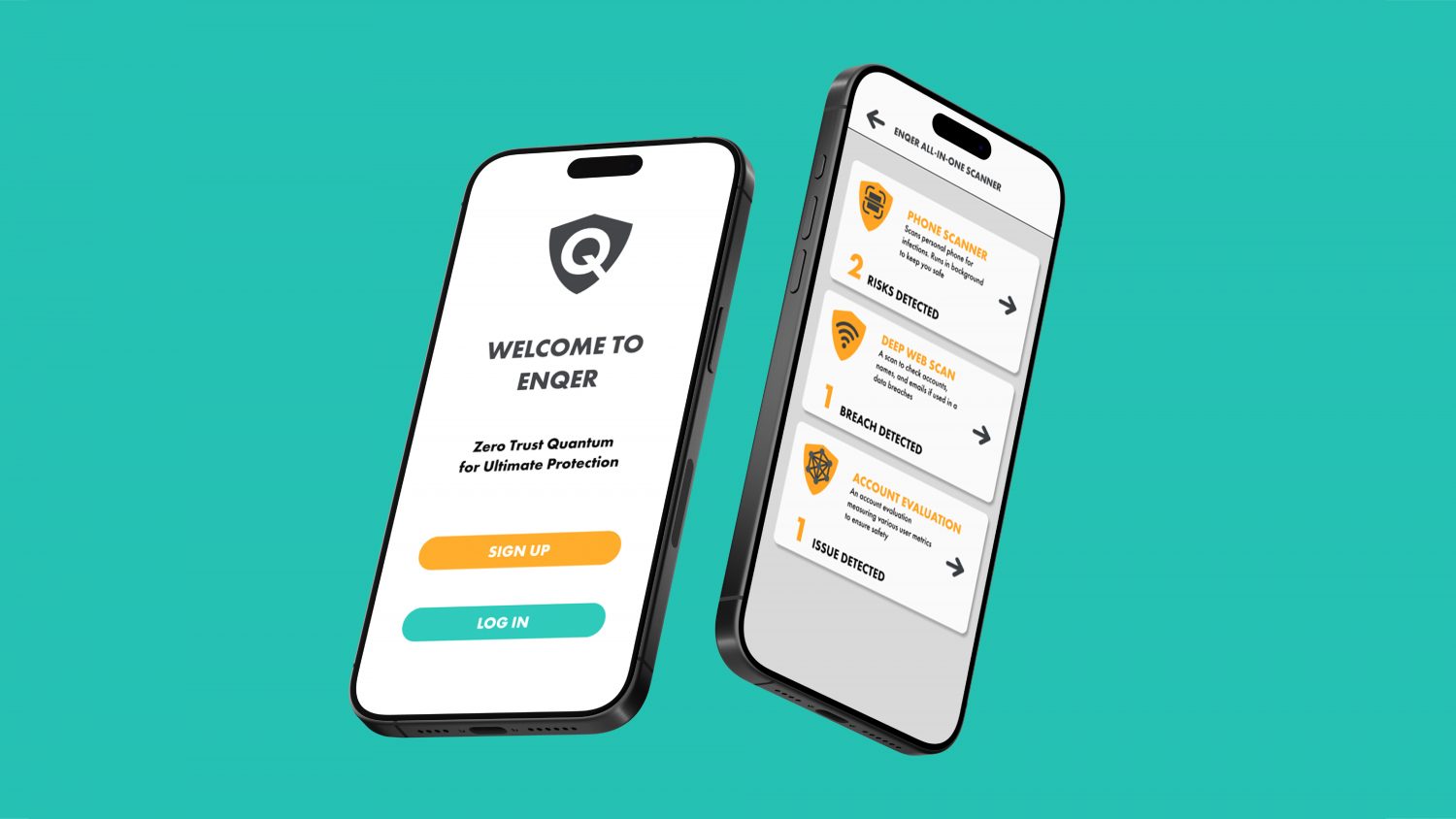 Screencaps of ENQER app, viewing the welcome screen and homescreen.