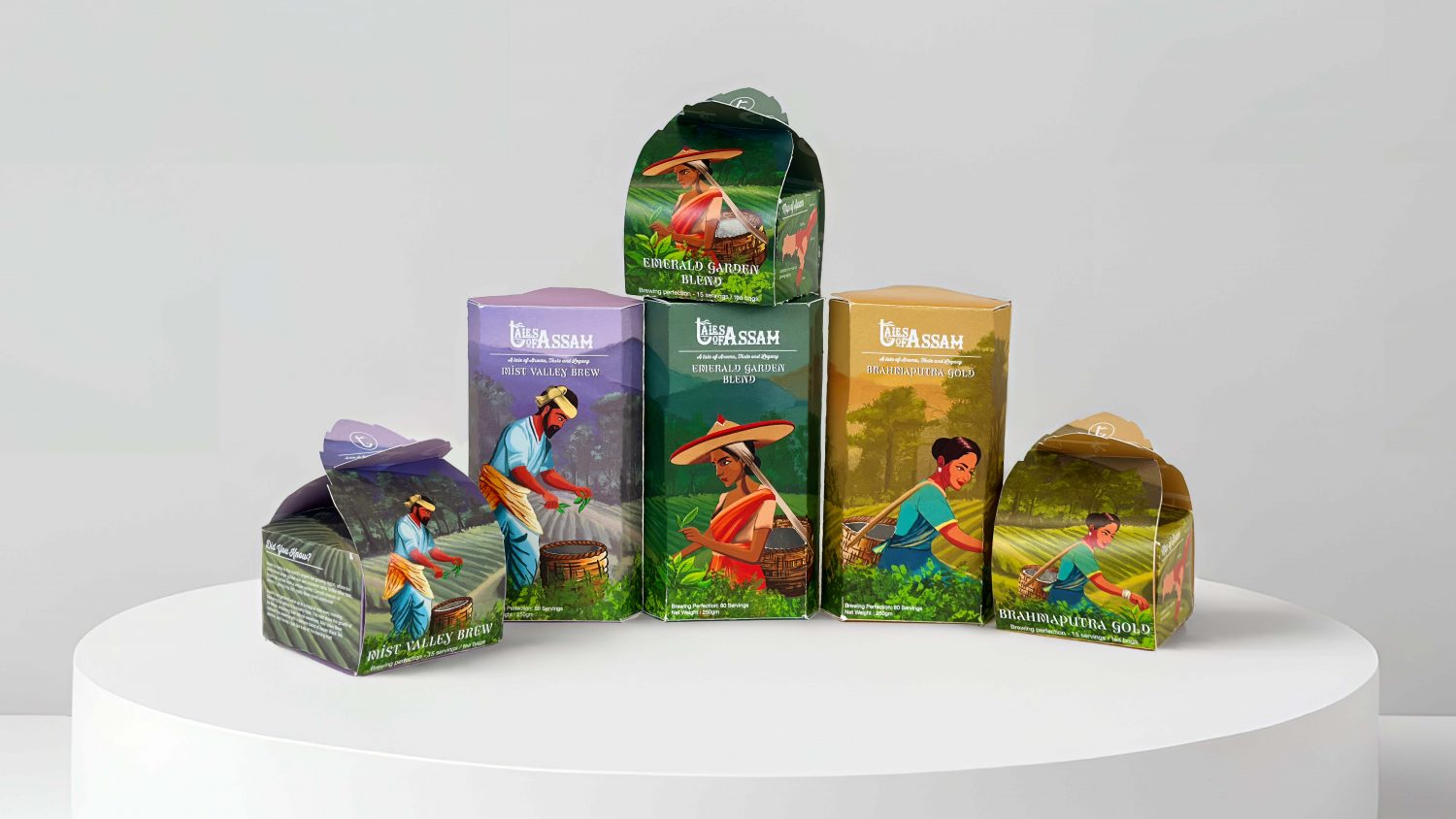 Series of tea packaging, illustrated with natives in agricultural fields, titled Tales of Assam.