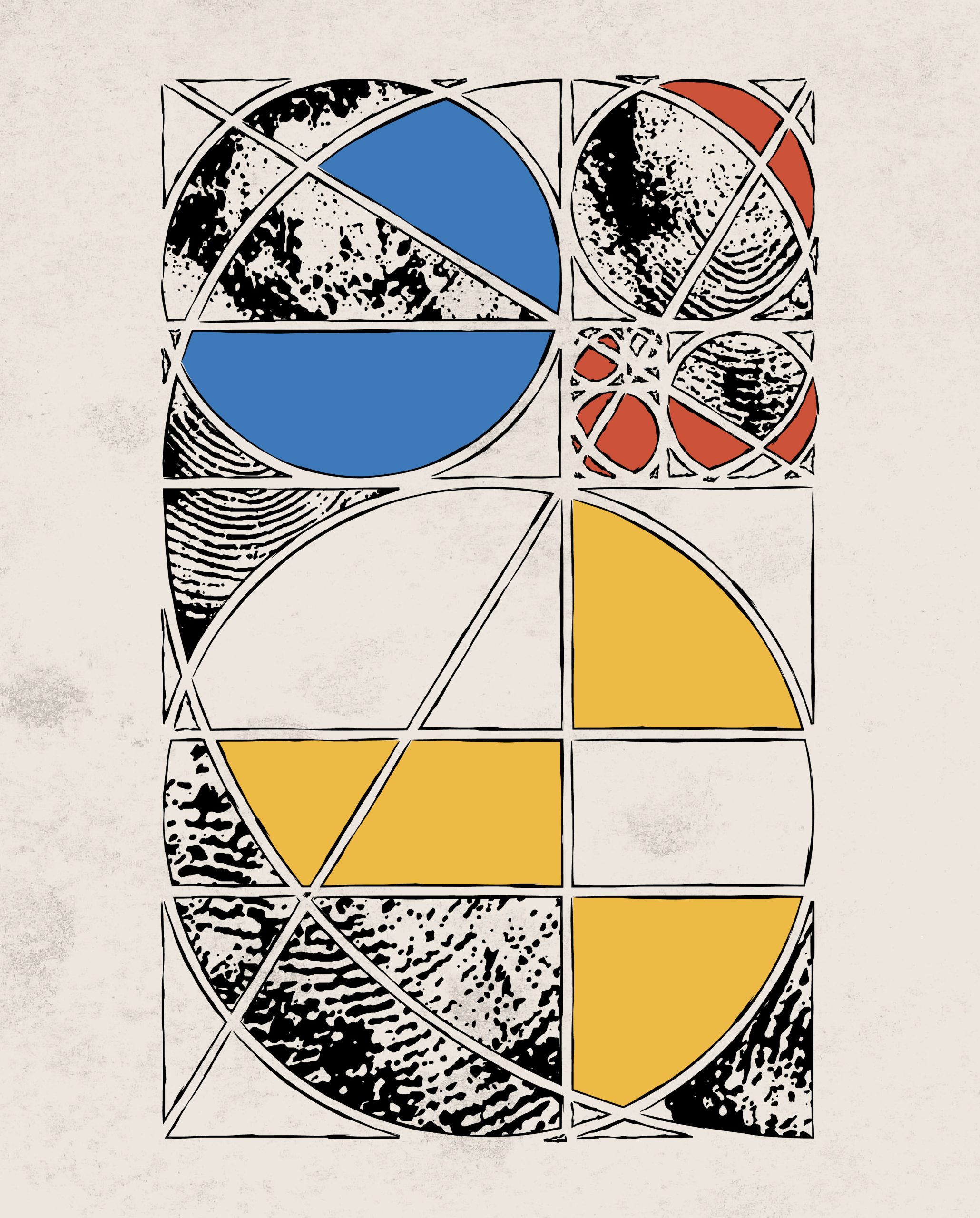 Colored golden ratio with fingerprints of grads inside of its shapes.